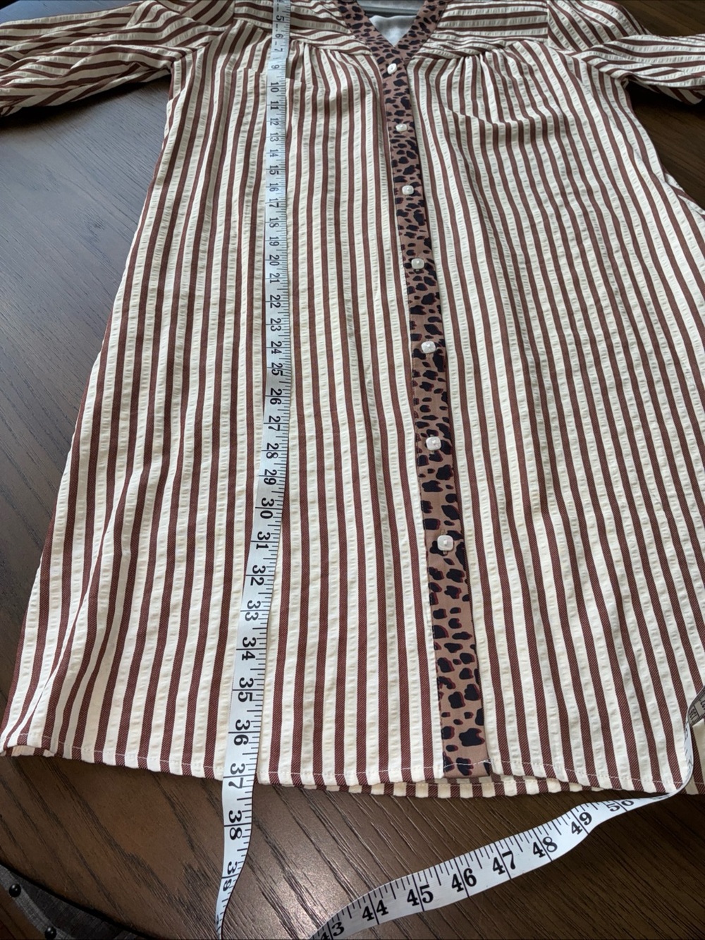 Striped Brown and White Button-Front Women’s Dress with Leopard Trim - Picture 7 of 8